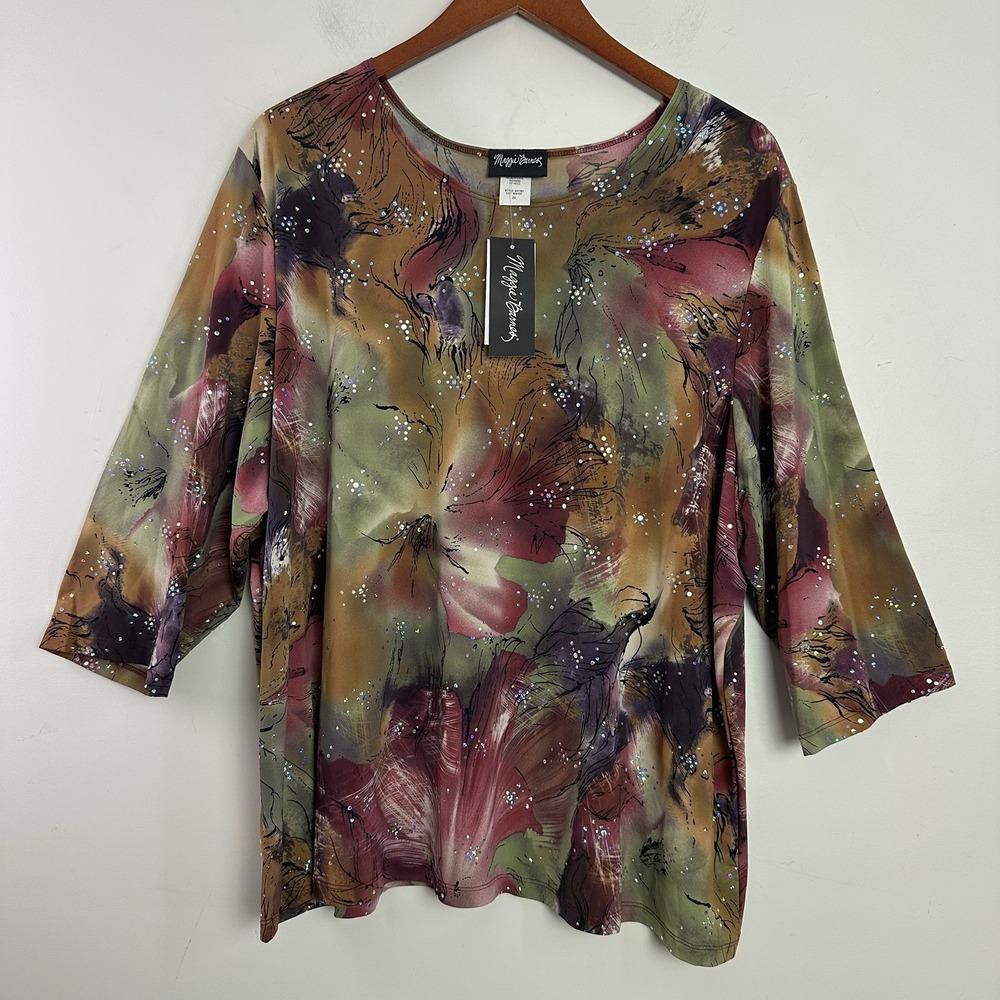 Maggie Barnes Women Multicolor Sequins Top 2X‎ Tropical Artsy Embellished Resort